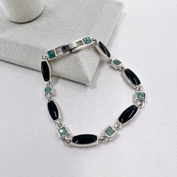 Light & Dark Green Enameled Shiny Silver Tone 7” Bracelet - Picture 2 of 6